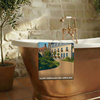 Serviette de bain souvenir de Saint-Germain-lès-Arpajon avec une illustration stylisée de la ville.