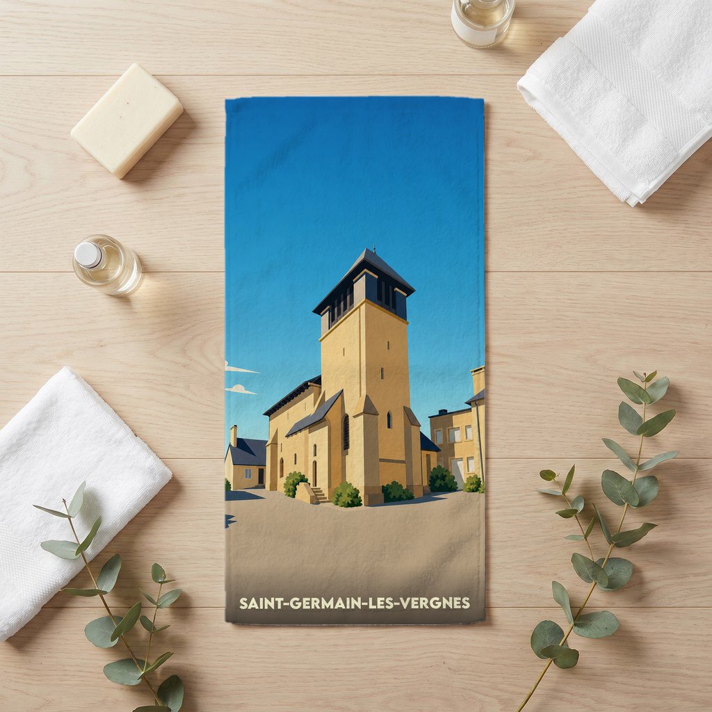 Serviette de bain souvenir de Saint-Germain-les-Vergnes avec une illustration stylisée de son église.
