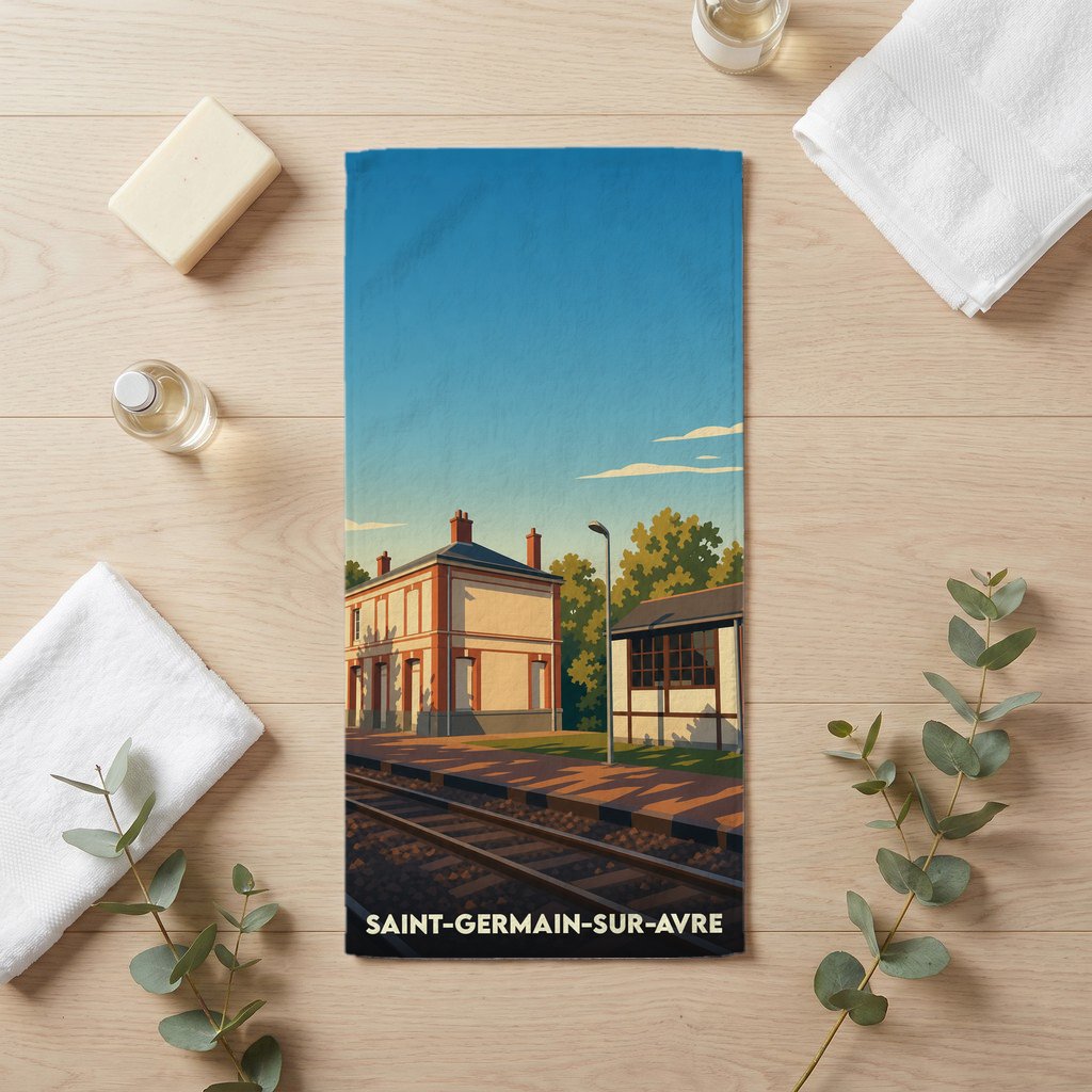 Serviette de bain souvenir de la ville de Saint-Germain-sur-Avre avec une illustration stylisée de sa gare ferroviaire.