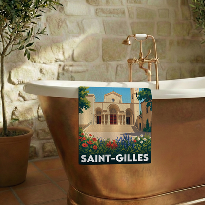 Serviette de bain souvenir de la ville de Saint-Gilles avec une illustration stylisée.