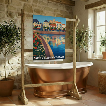 Serviette de bain souvenir de la ville de Saint-Gilles-Croix-de-Vie avec une illustration stylisée de ses quais.
