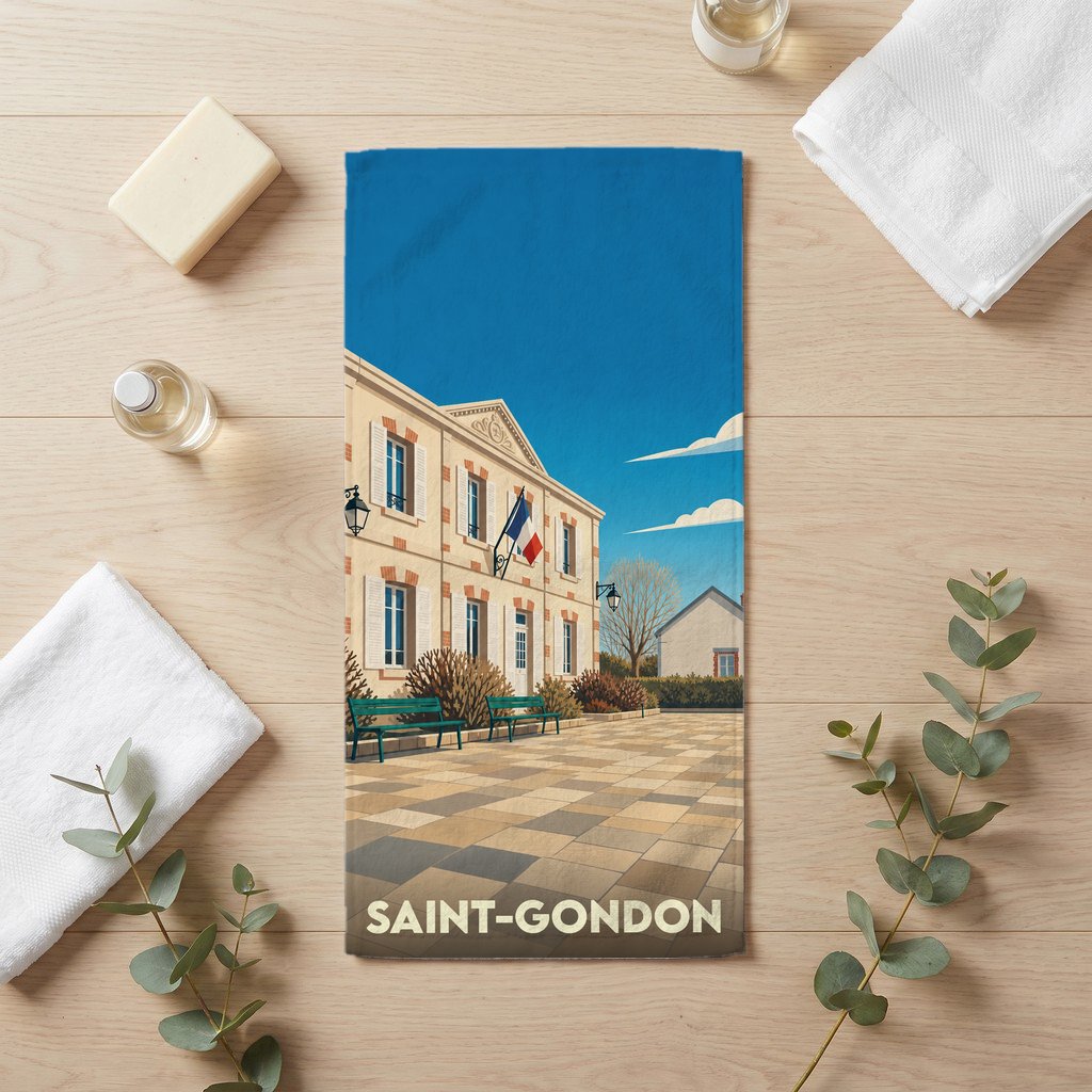 Serviette de bain souvenir de la ville de Saint-Gondon avec une illustration stylisée.