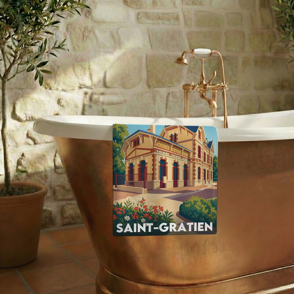 Serviette de bain souvenir de la ville de Saint-Gratien avec une illustration stylisée.