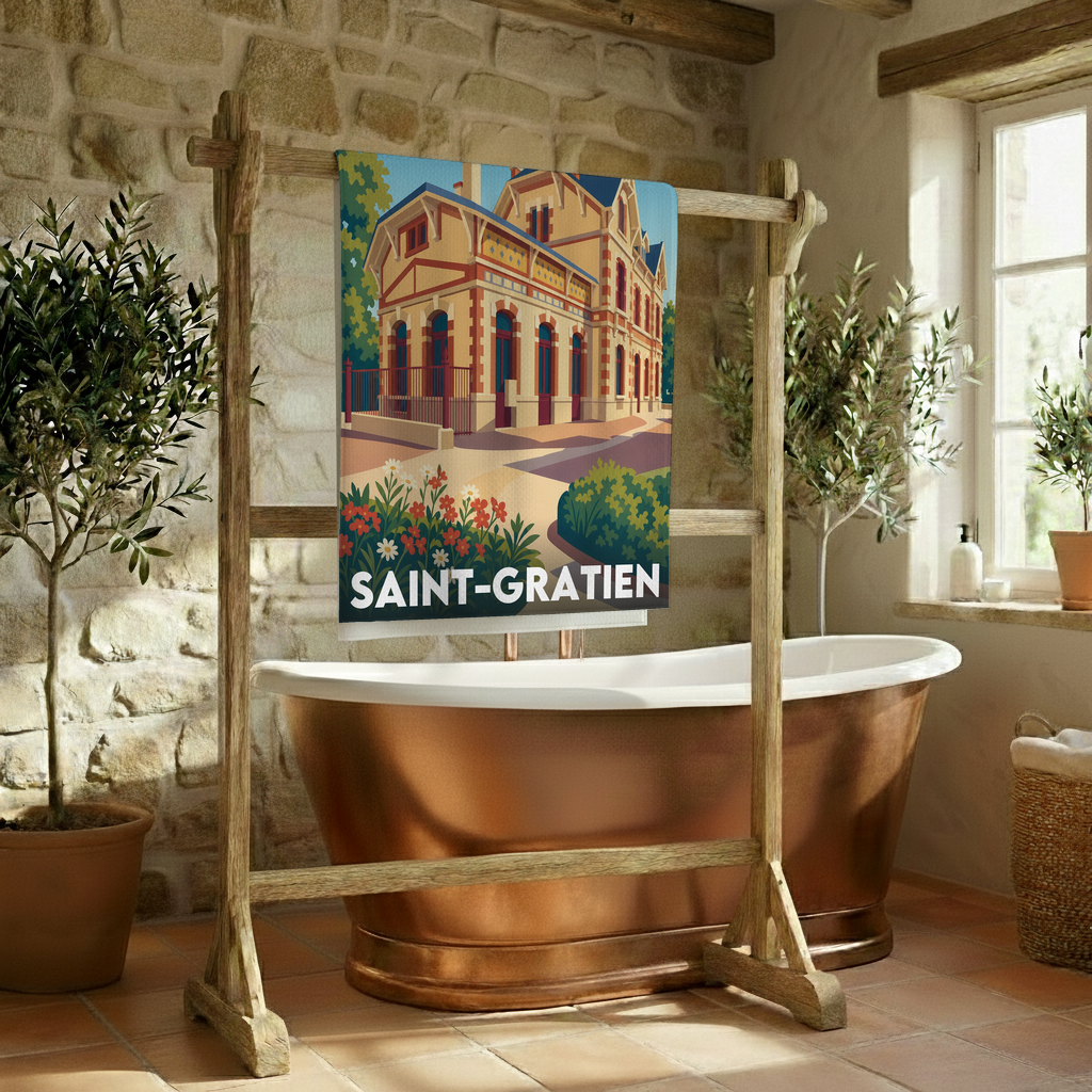 Serviette de bain souvenir de la ville de Saint-Gratien avec une illustration stylisée.