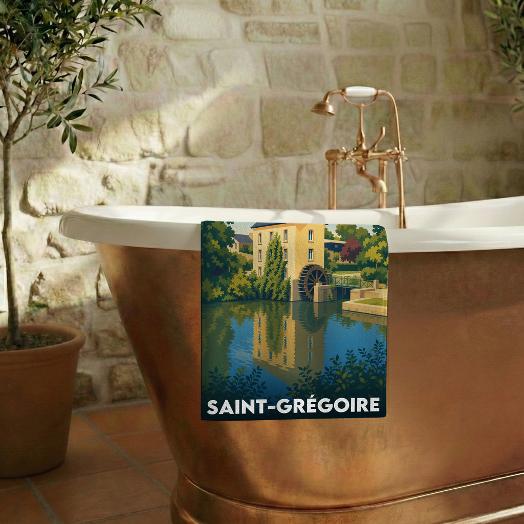Serviette de bain souvenir de la ville de Saint-Grégoire avec une illustration stylisée d'un moulin à eau.