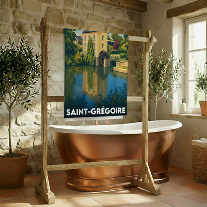 Serviette de bain souvenir de la ville de Saint-Grégoire avec une illustration stylisée d'un moulin à eau.