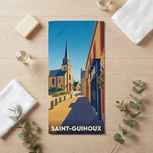 Serviette de bain souvenir de la ville de Saint-Guinoux avec une illustration stylisée.