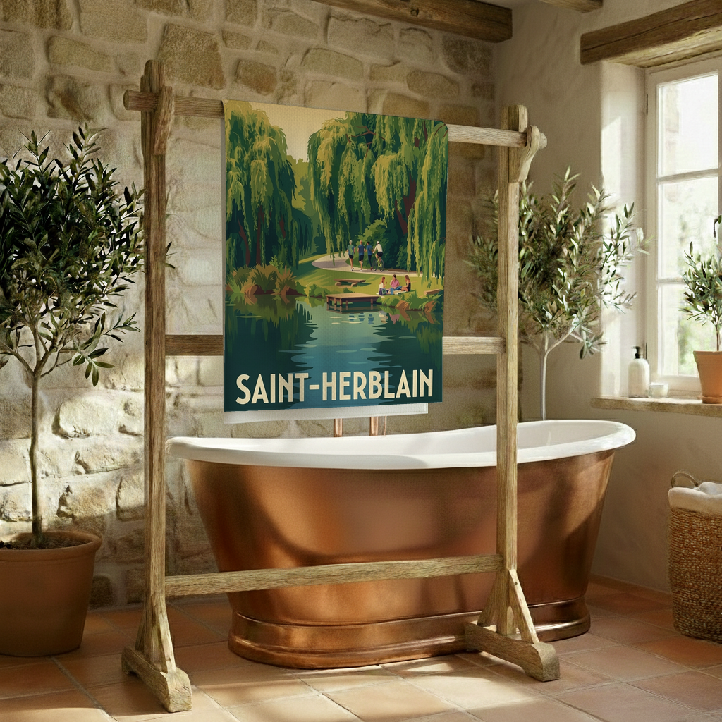 Serviette de bain souvenir de la ville de Saint-Herblain avec une illustration stylisée d'un parc au bord de l'eau.
