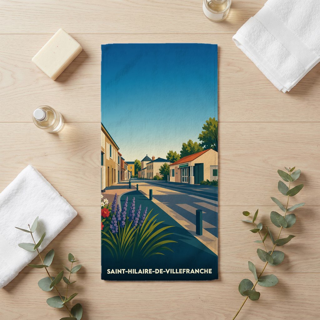 Serviette de bain souvenir de la ville de Saint-Hilaire-de-Villefranche avec une illustration stylisée.