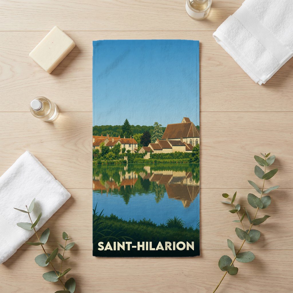 Serviette de bain souvenir de la ville de Saint-Hilarion avec une illustration stylisée d'un paysage lacustre.
