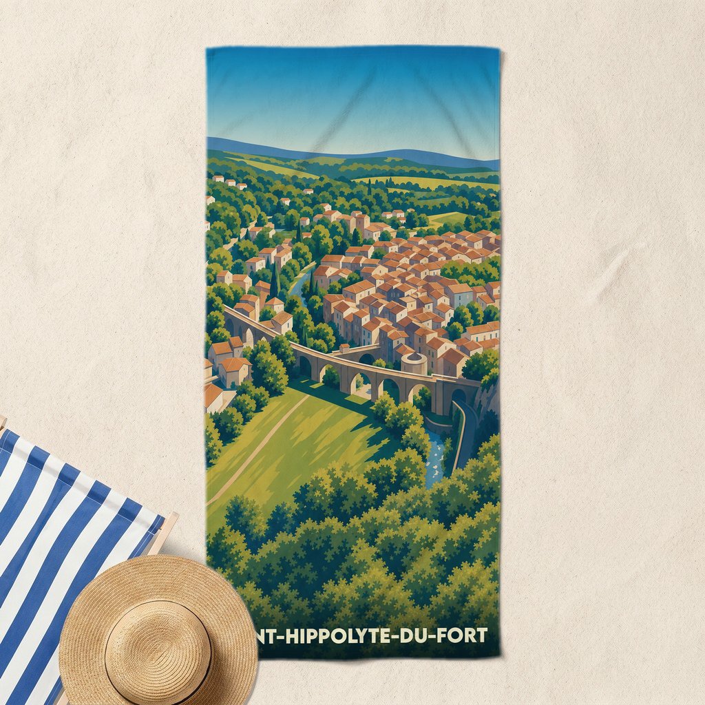 Serviette de bain souvenir de Saint-Hippolyte-du-Fort illustrée d'un paysage panoramique stylisé.