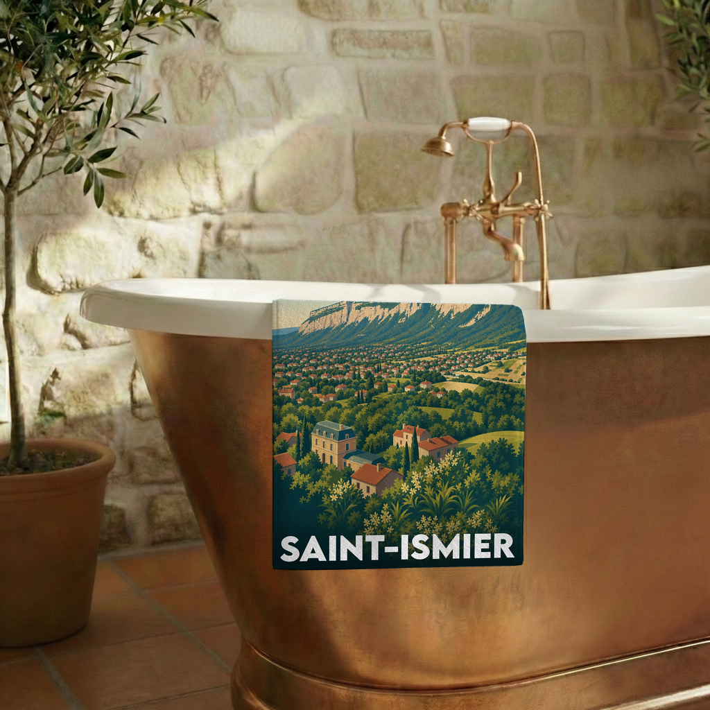 Serviette de bain souvenir de la ville de Saint-Ismier avec une illustration de paysage stylisée.
