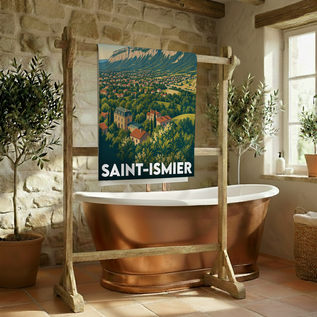 Serviette de bain souvenir de la ville de Saint-Ismier ornée d'une illustration de paysage stylisée.