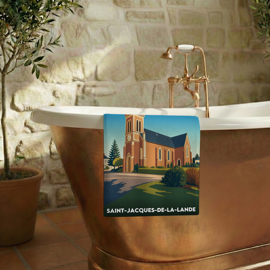 Serviette de bain souvenir de la ville de Saint-Jacques-de-la-Lande avec une illustration stylisée.