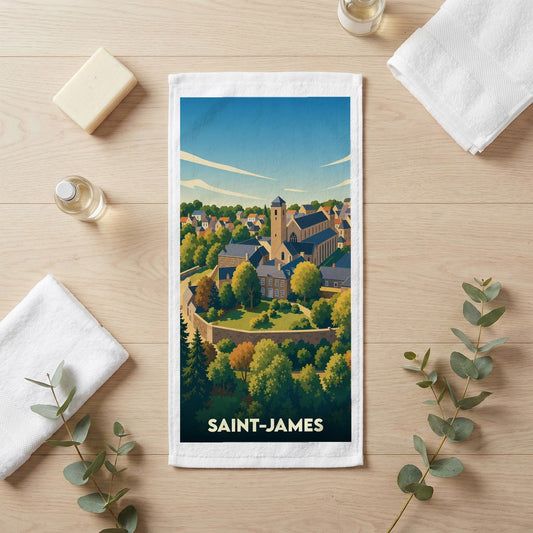 Serviette de bain souvenir de la ville de Saint-James ornée d'une illustration stylisée de son paysage urbain.