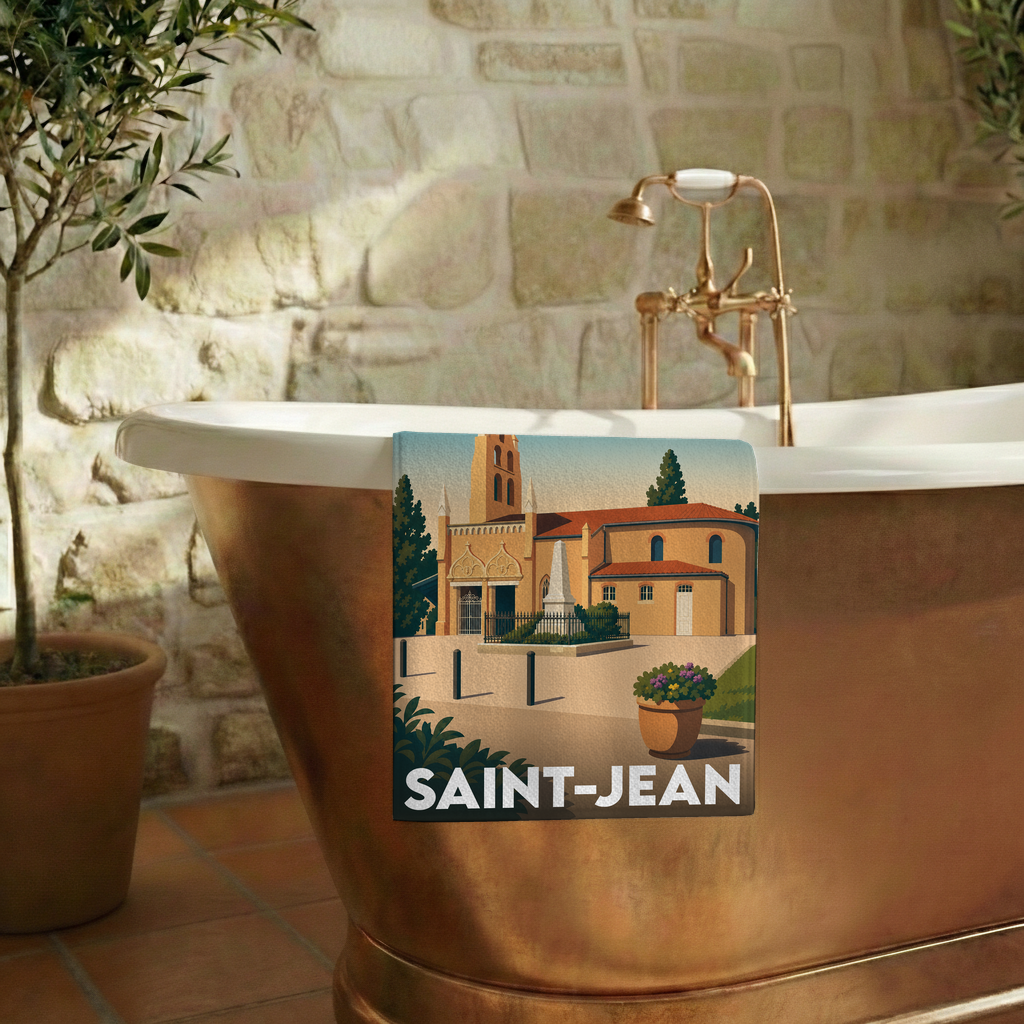 Serviette de bain souvenir de la ville de Saint-Jean avec une illustration stylisée d'une église locale.