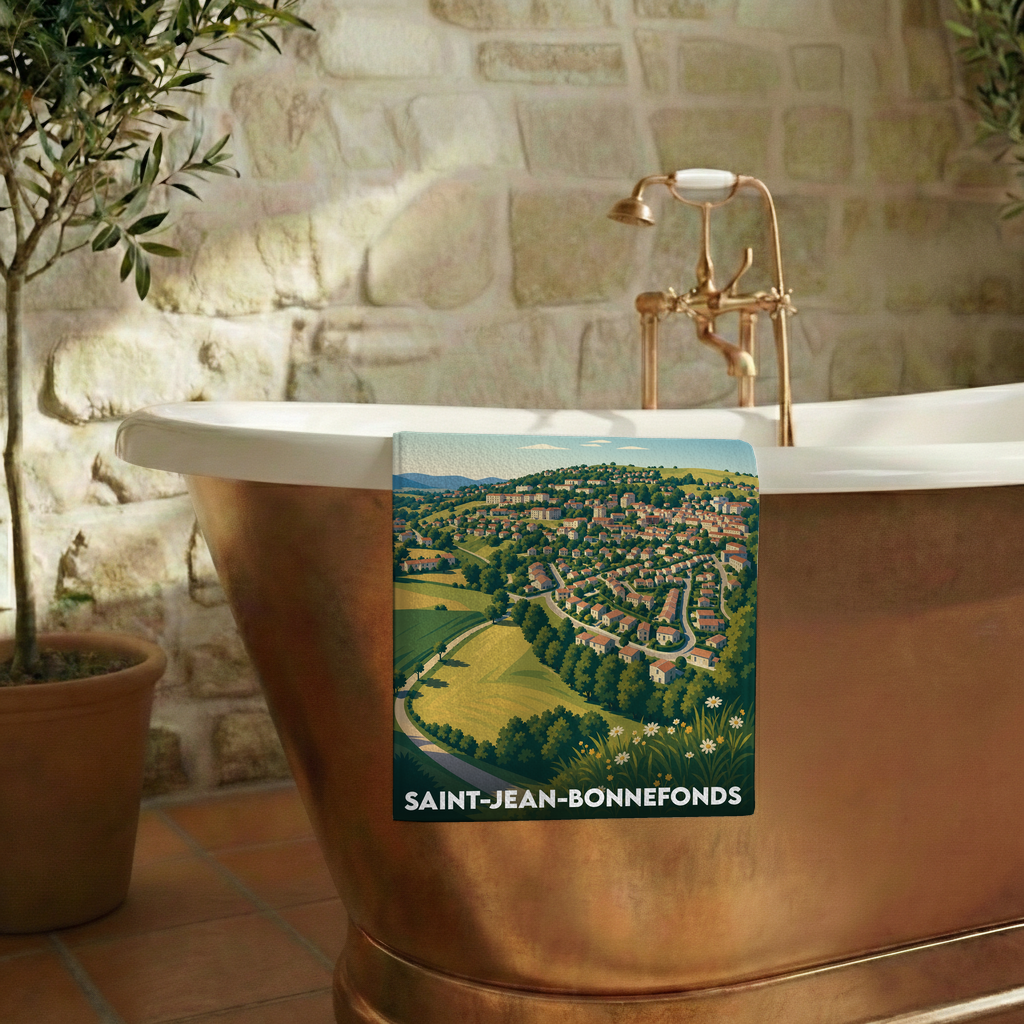 Serviette de bain souvenir de Saint-Jean-Bonnefonds avec une illustration stylisée d'un paysage collinaire.