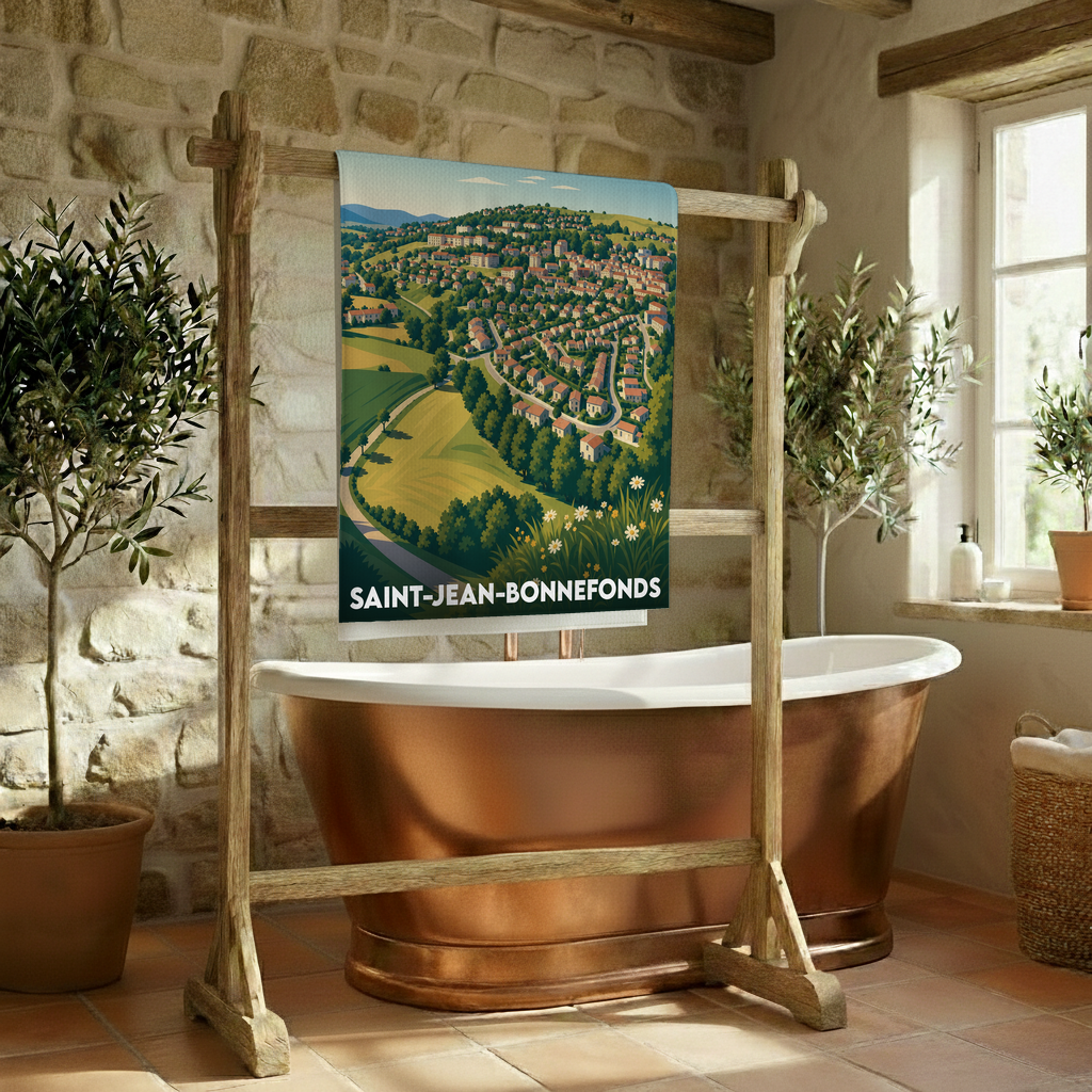 Serviette de bain souvenir de la ville de Saint-Jean-Bonnefonds illustrée d'un paysage vallonné et coloré.