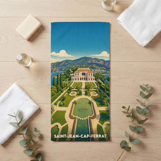 Serviette de bain souvenir de Saint-Jean-Cap-Ferrat avec une illustration stylisée de la villa Ephrussi de Rothschild.