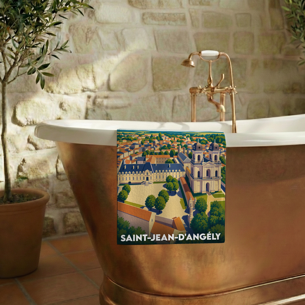 Serviette de bain souvenir de Saint-Jean-d'Angély ornée d'une illustration stylisée de la ville.