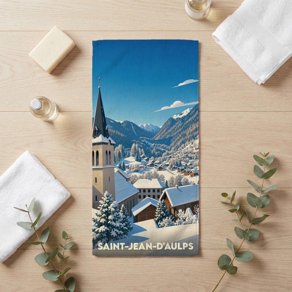 Serviette de bain souvenir de Saint-Jean-d'Aulps illustrée d'un paysage de montagne enneigé avec son église.