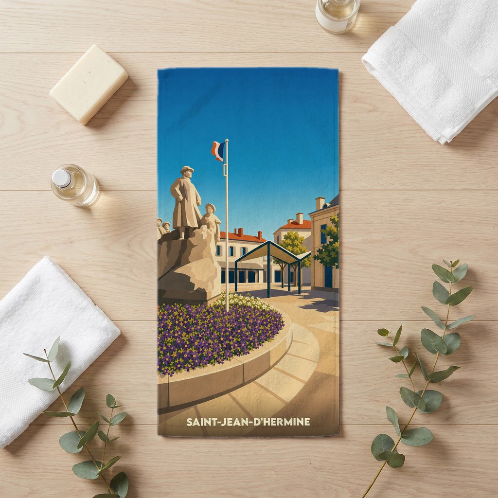 Serviette de bain souvenir de la ville de Saint-Jean-d'Hermine avec une illustration stylisée.