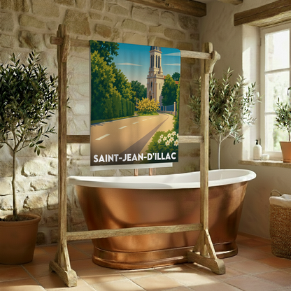 Serviette de bain souvenir de la ville de Saint-Jean-d'Illac avec une illustration stylisée.