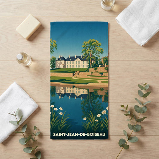 Serviette de bain souvenir de Saint-Jean-de-Boiseau avec une illustration stylisée de son patrimoine et de sa nature.