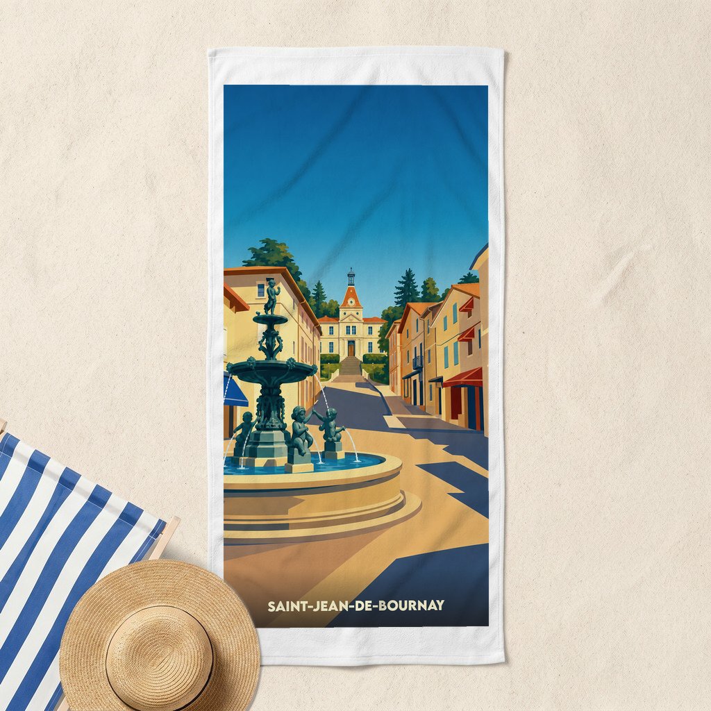 Serviette de bain souvenir de la ville de Saint-Jean-de-Bournay avec une illustration stylisée d'une fontaine et du centre-ville.