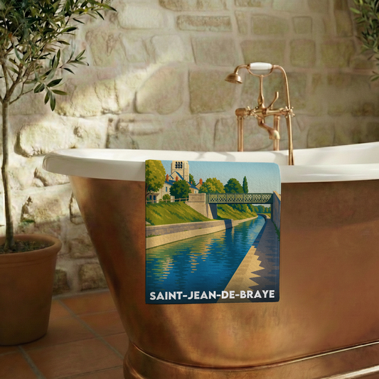 Serviette de bain souvenir de la ville de Saint-Jean-de-Braye avec une illustration stylisée.