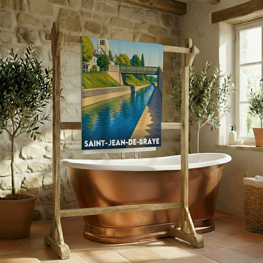 Serviette de bain souvenir de la ville de Saint-Jean-de-Braye avec une illustration stylisée.