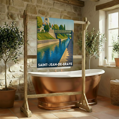 Serviette de bain souvenir de la ville de Saint-Jean-de-Braye avec une illustration stylisée.