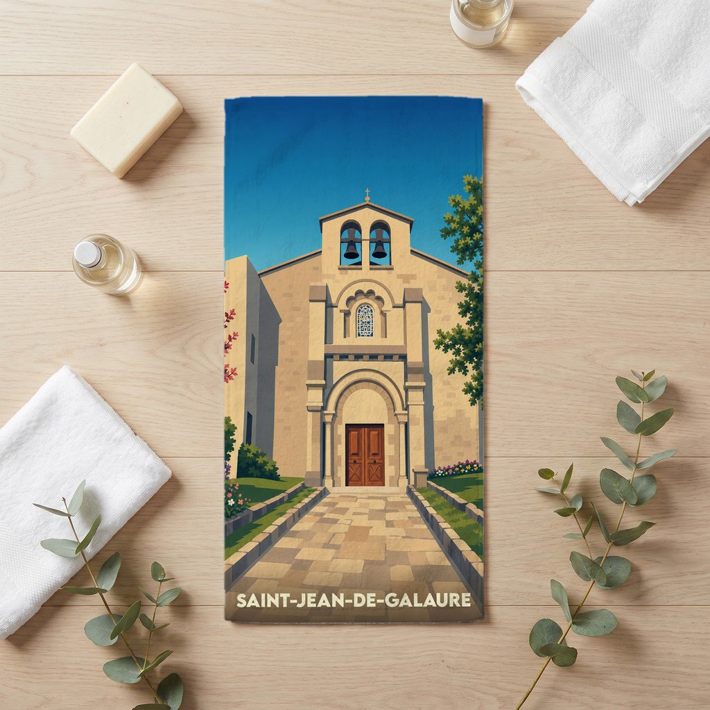Serviette de bain souvenir de Saint-Jean-de-Galaure illustrée d'une église de style provençal.