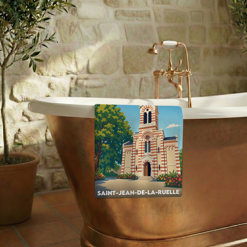 Serviette de bain souvenir de la ville de Saint-Jean-de-la-Ruelle avec une illustration stylisée.