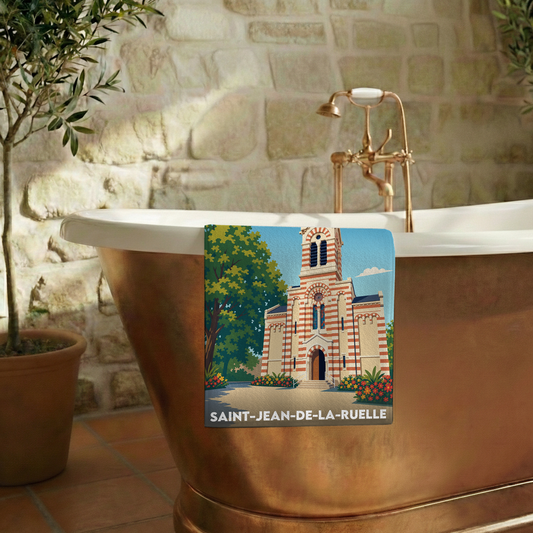 Serviette de bain souvenir de la ville de Saint-Jean-de-la-Ruelle avec une illustration stylisée.