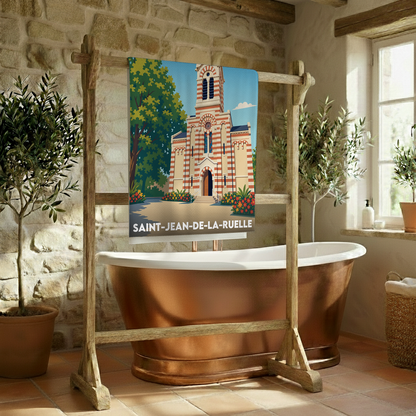 Serviette de bain souvenir de la ville de Saint-Jean-de-la-Ruelle avec une illustration stylisée.