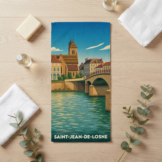 Serviette de bain souvenir de la ville de Saint-Jean-de-Losne avec une illustration stylisée.