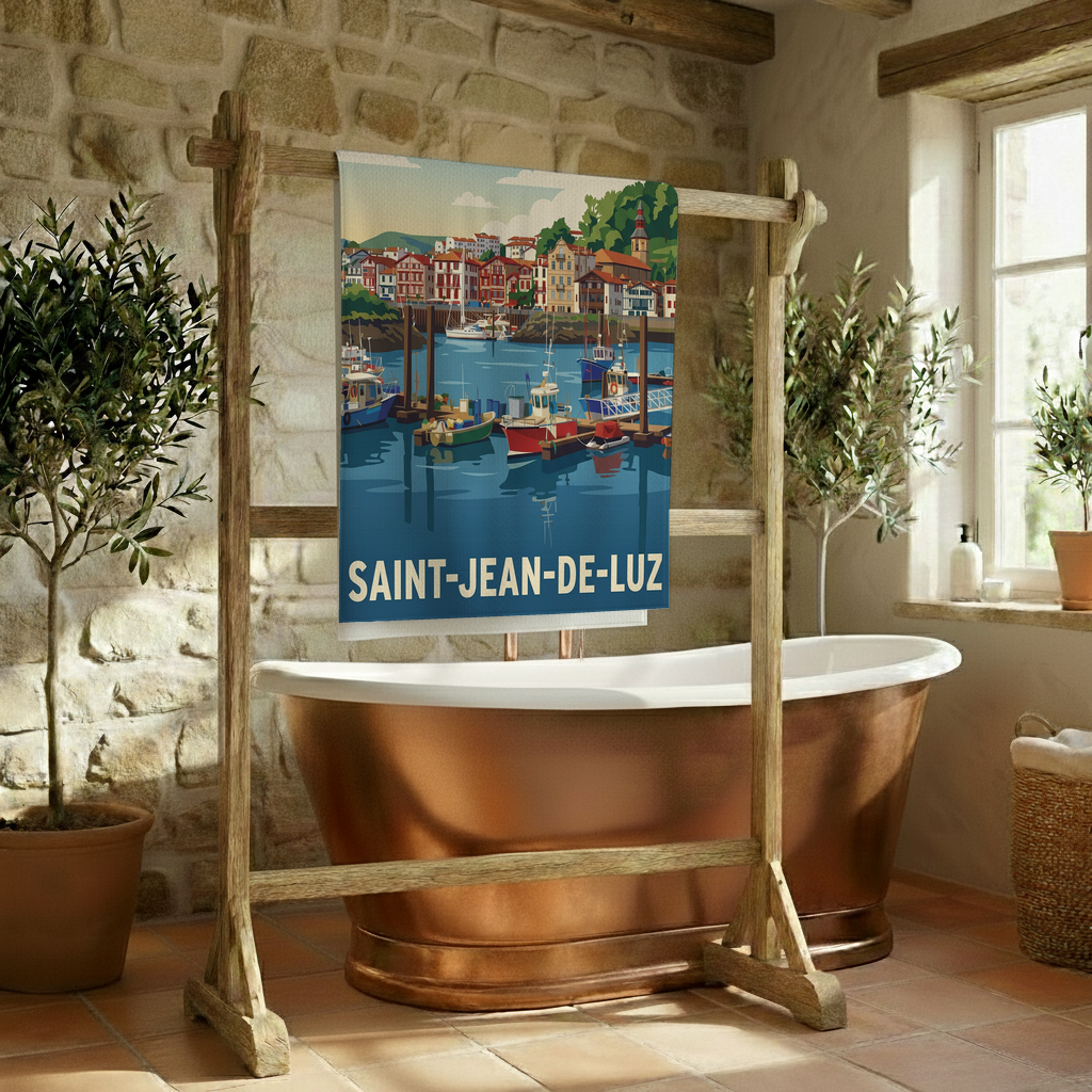 Serviette de bain souvenir de la ville de Saint-Jean-de-Luz avec une illustration stylisée de son port.