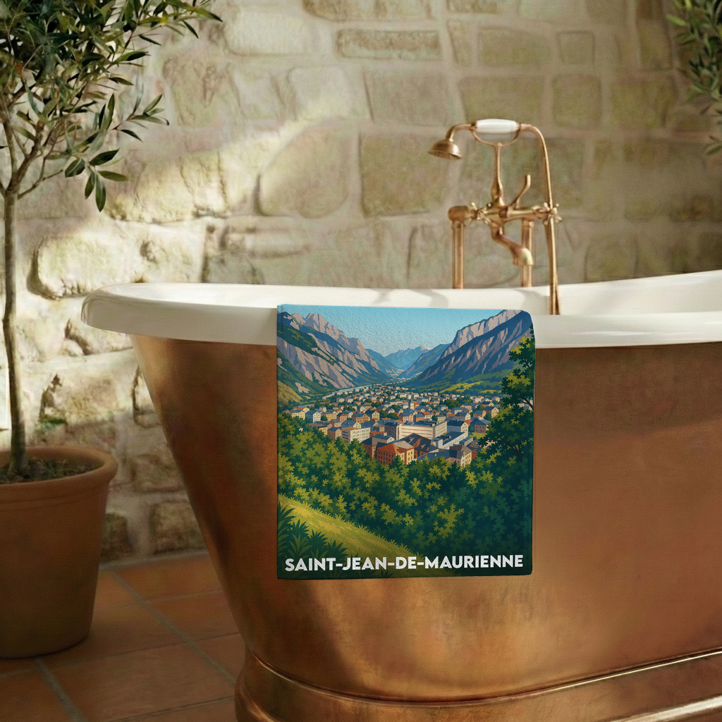 Serviette de bain souvenir de Saint-Jean-de-Maurienne avec une illustration stylisée de la ville et des montagnes.