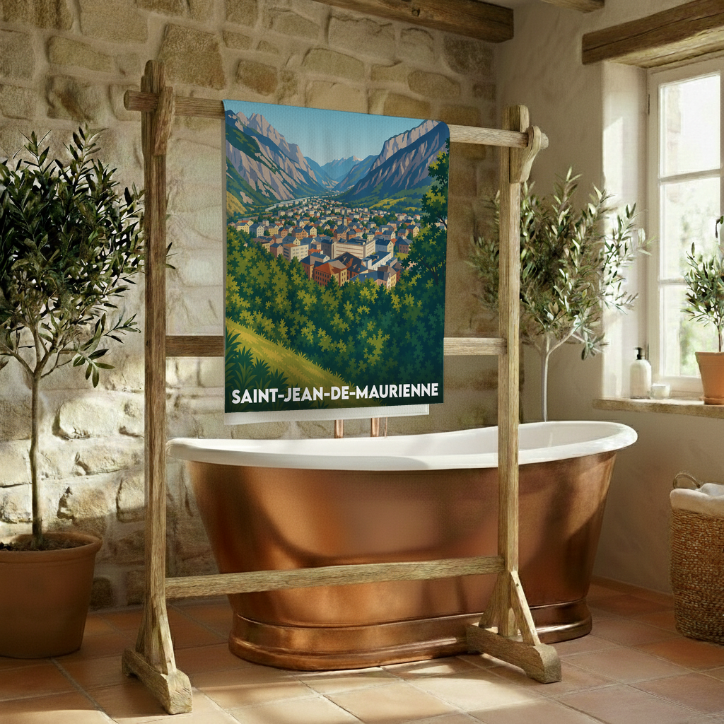 Serviette de bain souvenir de Saint-Jean-de-Maurienne avec une illustration stylisée de la ville et des montagnes.