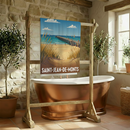 Serviette de bain souvenir de la ville de Saint-Jean-de-Monts avec une illustration stylisée de sa plage et de son estacade.