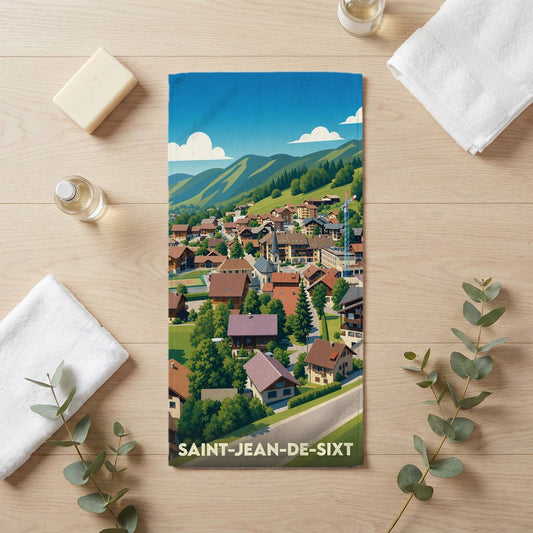 Serviette de bain souvenir de la ville de Saint-Jean-de-Sixt avec une illustration stylisée.