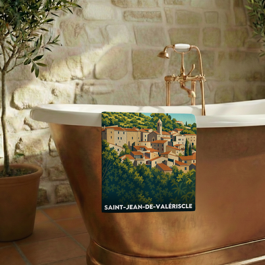 Serviette de bain souvenir de la ville de Saint-Jean-de-Valériscle avec une illustration stylisée.