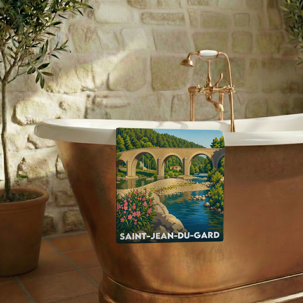 Serviette de bain souvenir de la ville de Saint-Jean-du-Gard avec une illustration stylisée.