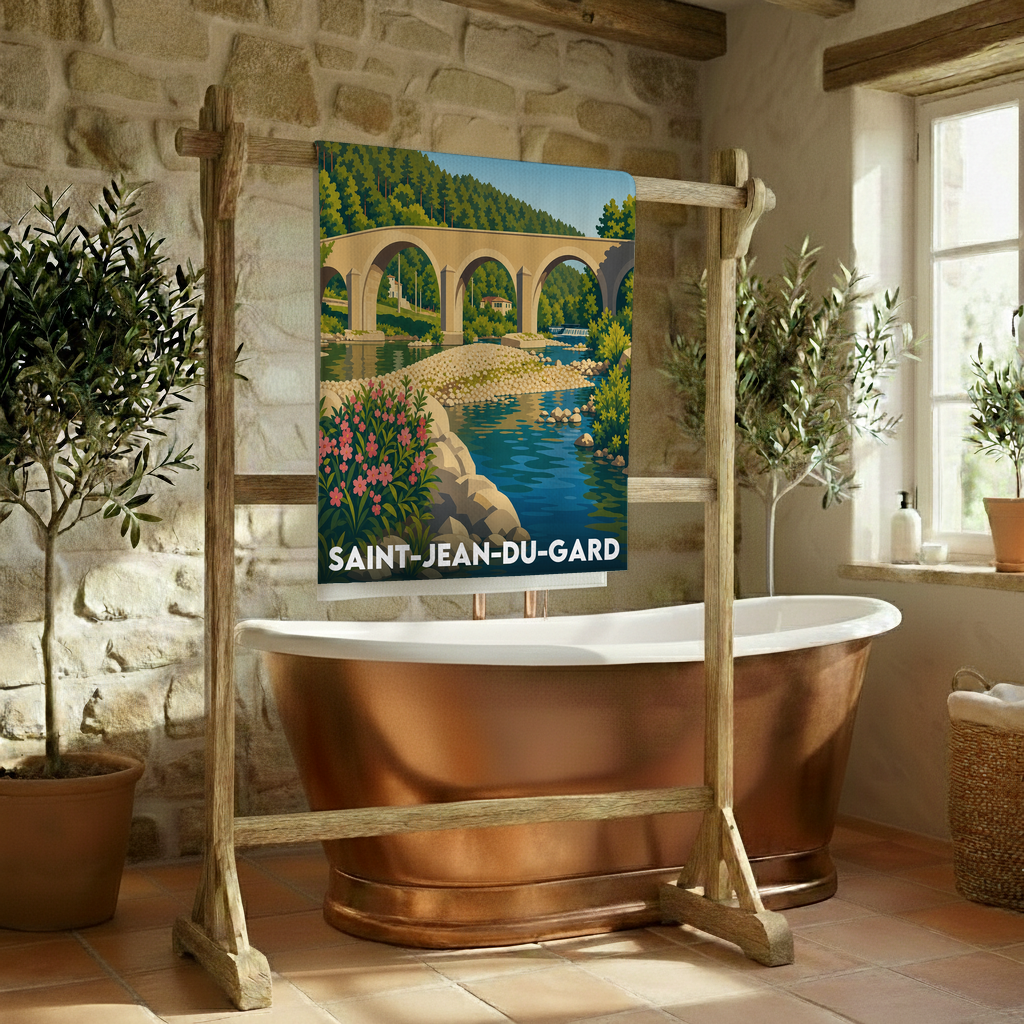 Serviette de bain souvenir de la ville de Saint-Jean-du-Gard avec une illustration stylisée de son pont.