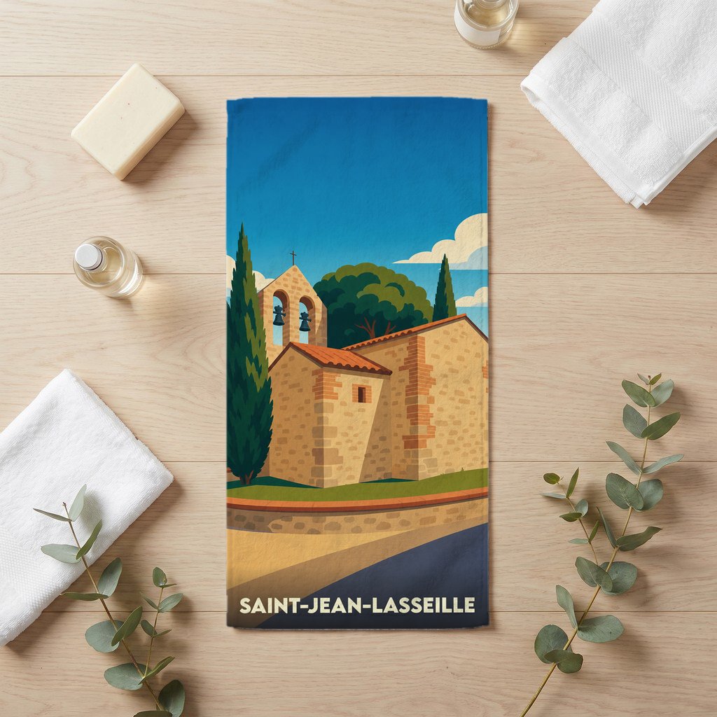 Serviette de bain souvenir de la ville de Saint-Jean-Lasseille avec une illustration stylisée de son église romane.