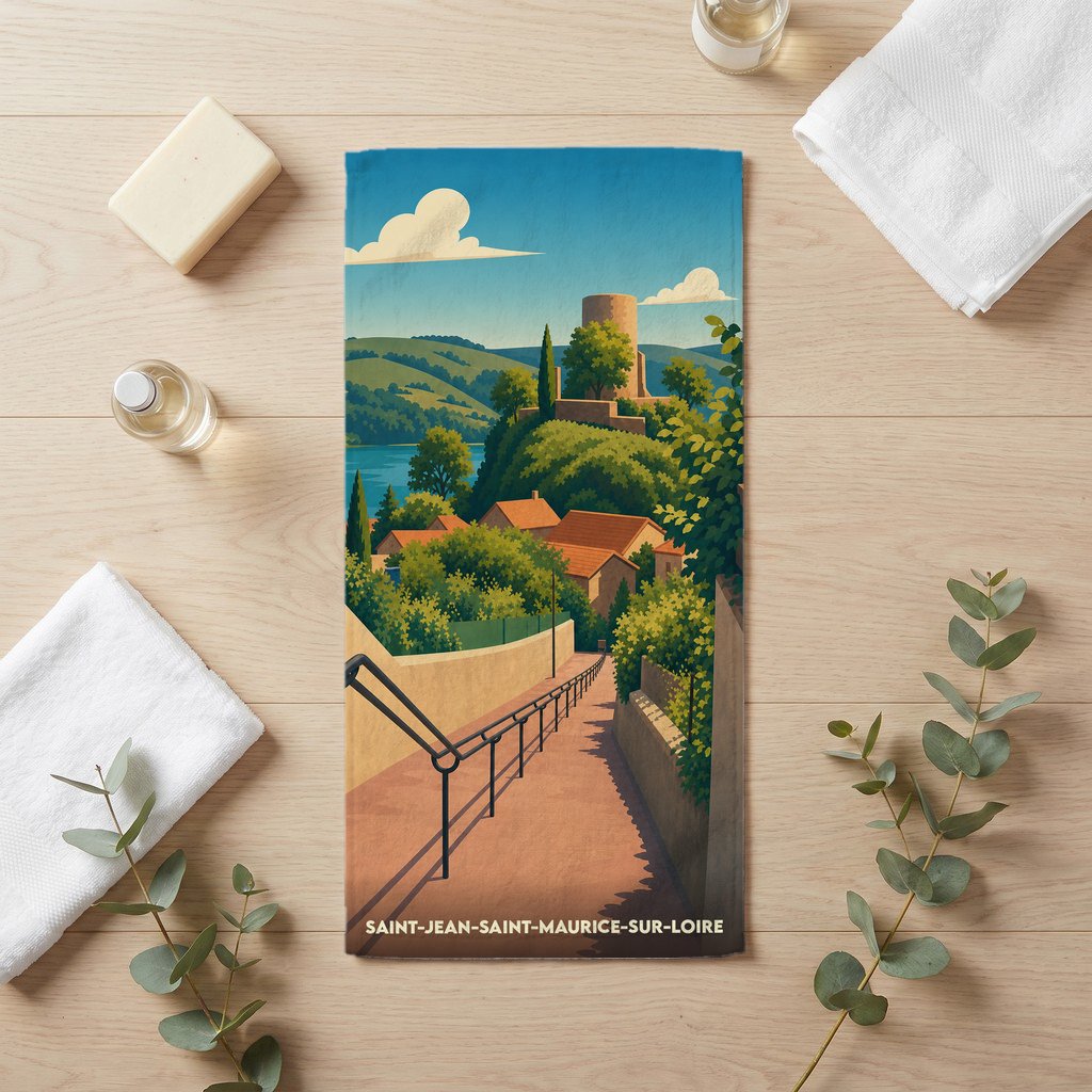 Serviette de bain souvenir de Saint-Jean-Saint-Maurice-sur-Loire avec une illustration stylisée du village et de sa tour médiévale.