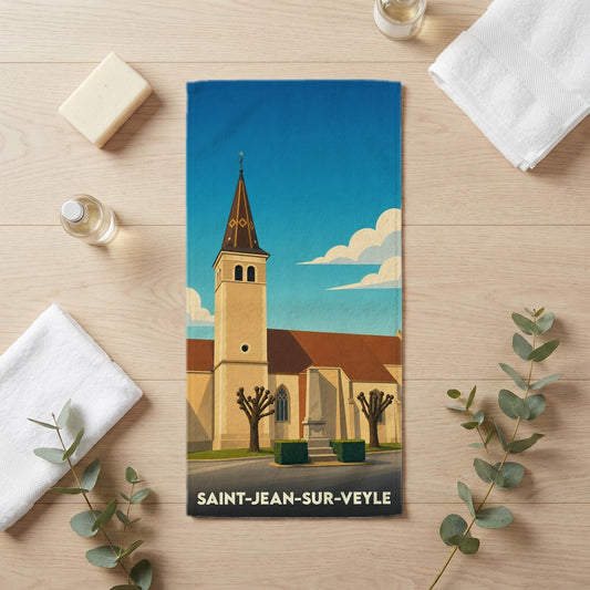 Serviette de bain souvenir de Saint-Jean-sur-Veyle illustrée d'un dessin stylisé de son église.