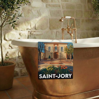 Serviette de bain souvenir de la ville de Saint-Jory avec une illustration stylisée.