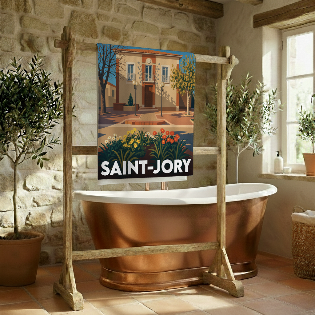 Serviette de bain souvenir de la ville de Saint-Jory avec une illustration stylisée.